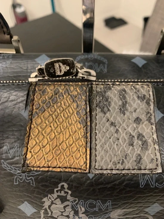 MCM Black Leather Satchel with Metallic Lion Graphic - Picture 3 of 11